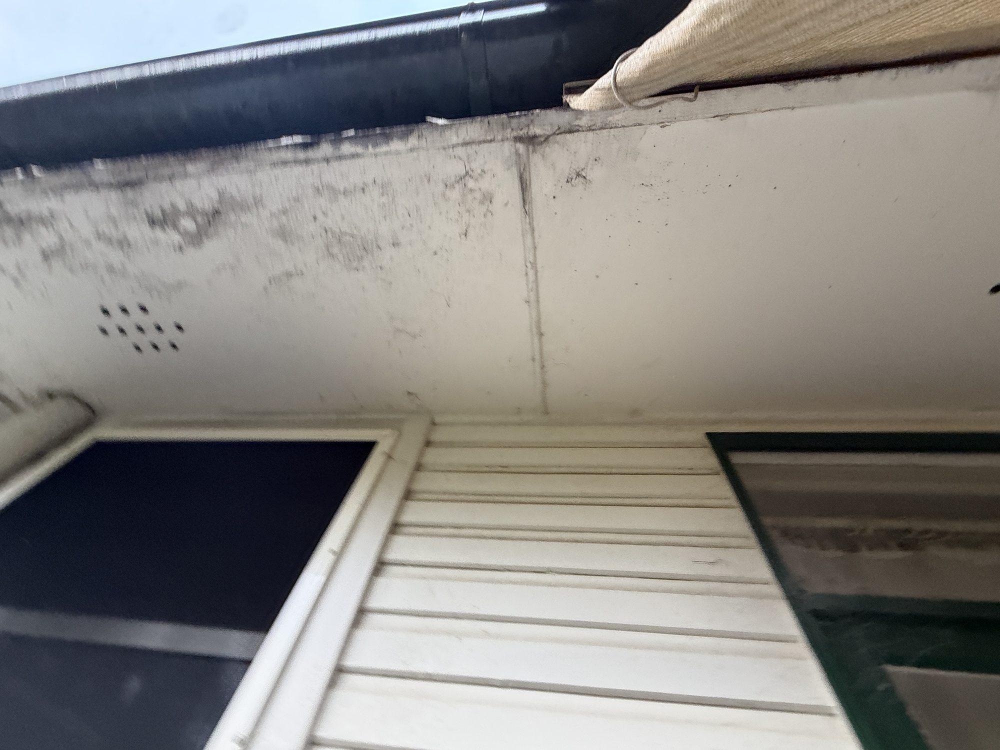 Asbestos-cement eaves lining with rows of vent holes and weathered paint on a fibro house in Asquith