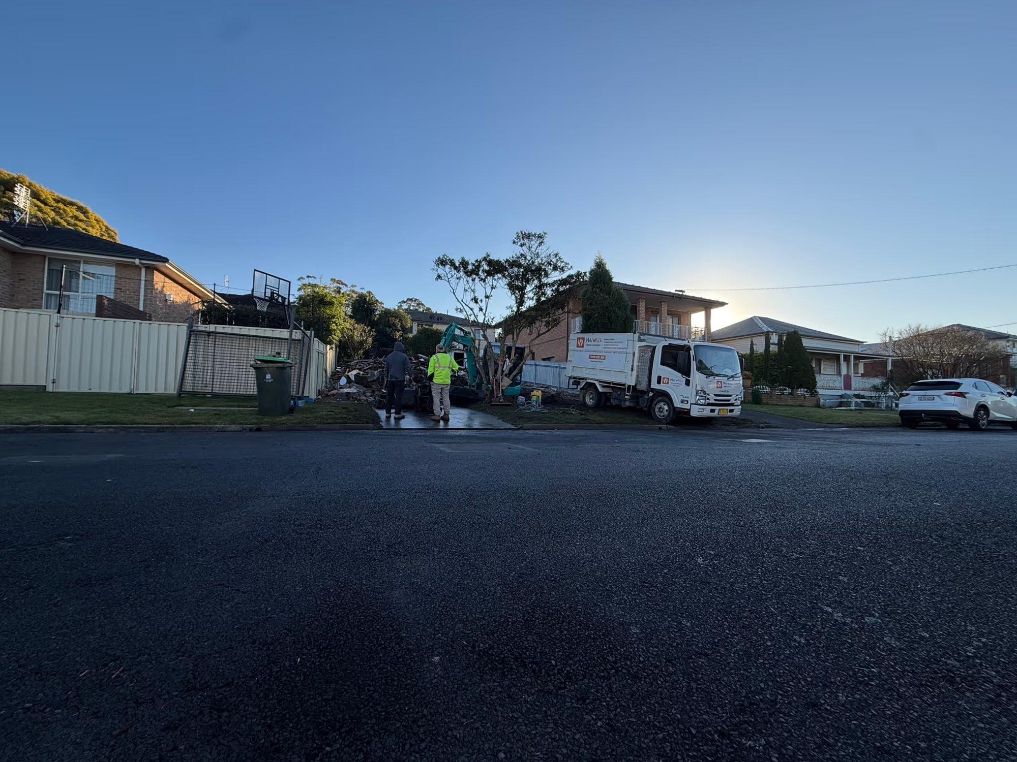 HazWreck truck and crew on the quiet Lambton street at the start of the demolition day