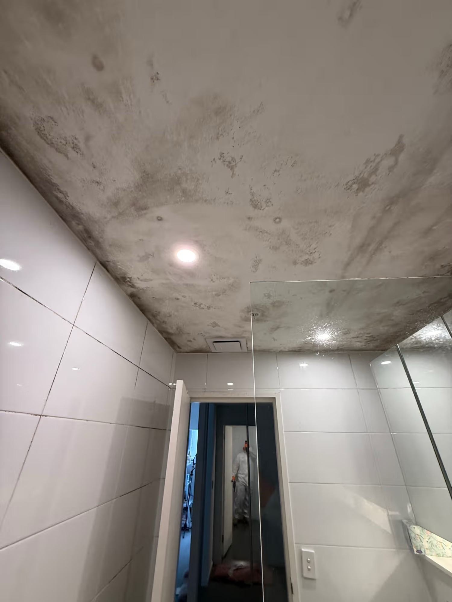 Mould across the ceiling above the glass shower screen of an apartment bathroom, before treatment