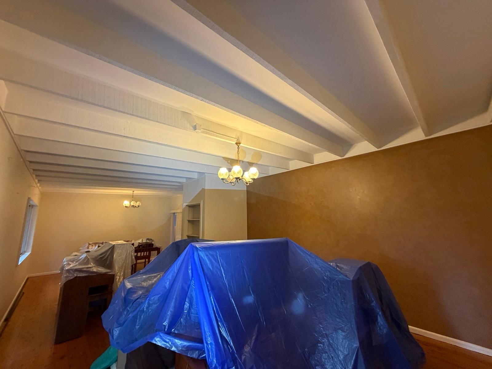 Living room furniture covered in containment sheeting before treatment