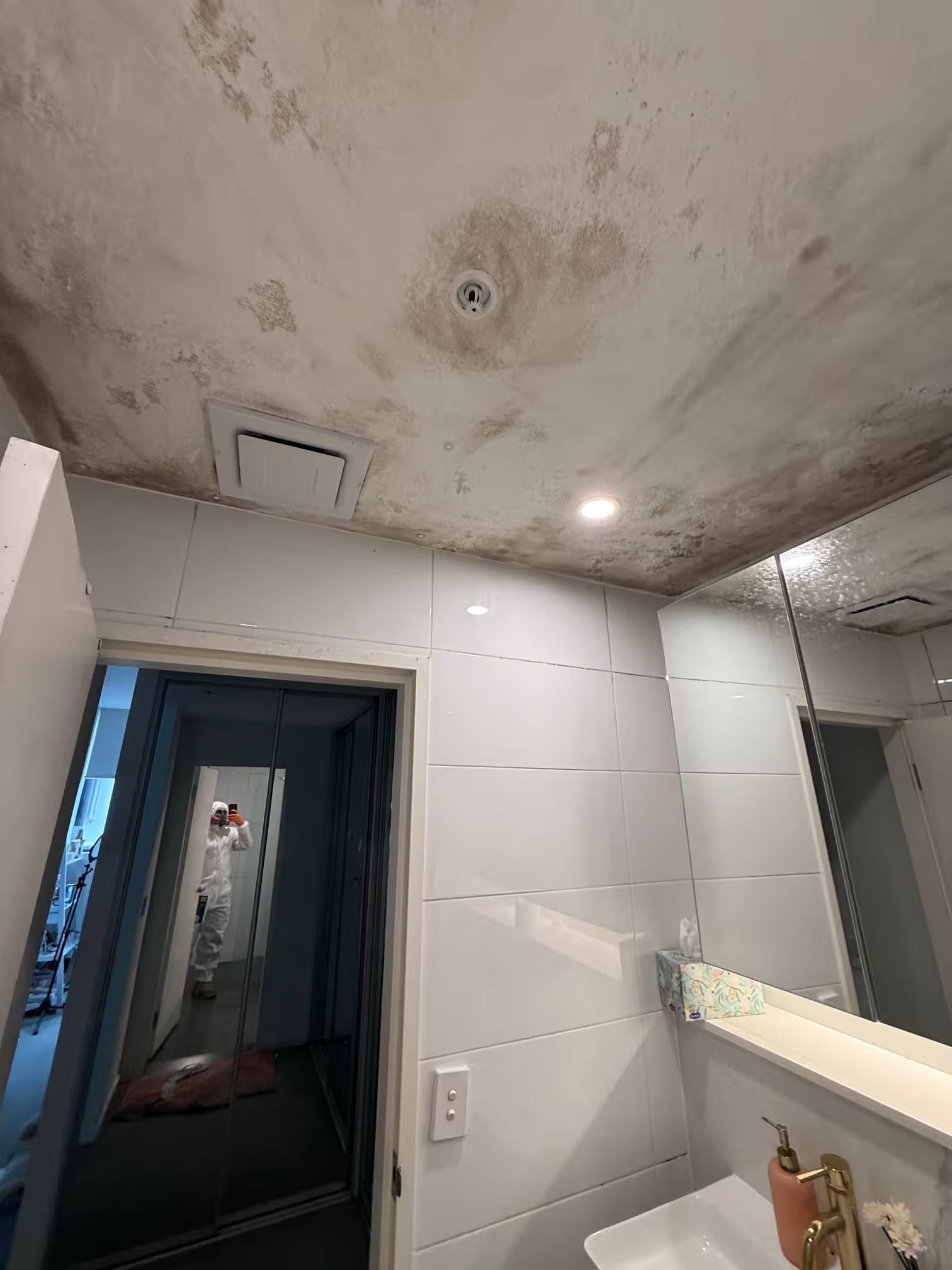 Apartment bathroom before remediation: mould across the ceiling around the exhaust fan, with the door, mirror cabinet and basin in frame
